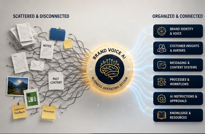 Brand Voice AI organizing scattered company knowledge into connected brand identity, customer insights, messaging, processes, AI instructions, and resources