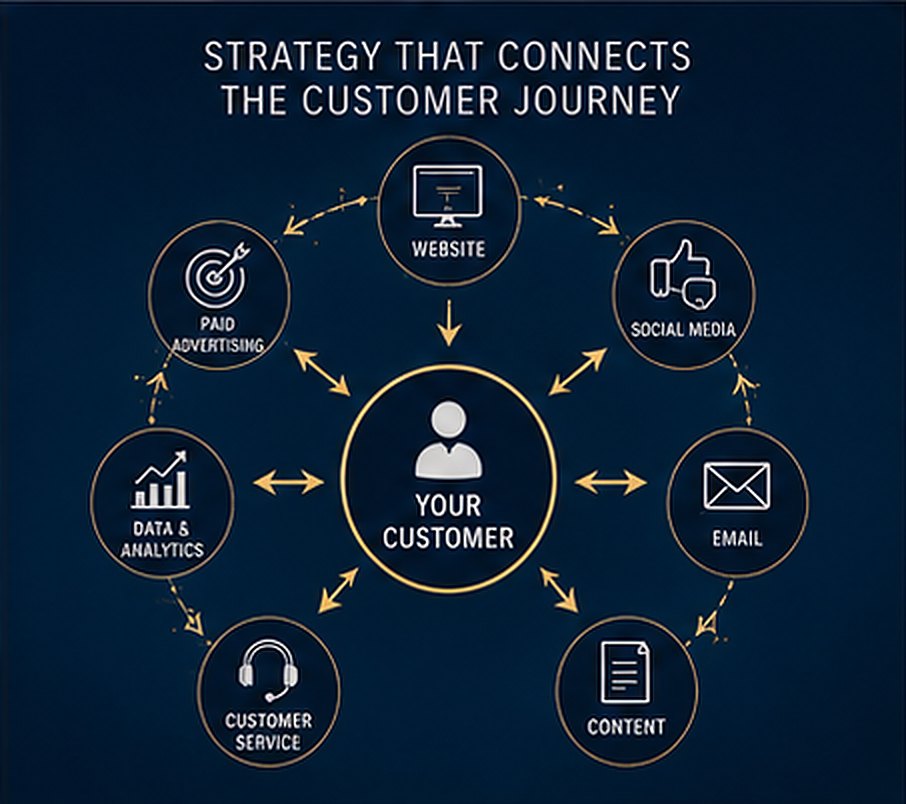 Digital strategy diagram connecting website, social media, email, content, customer service, data and analytics, and paid advertising around the customer