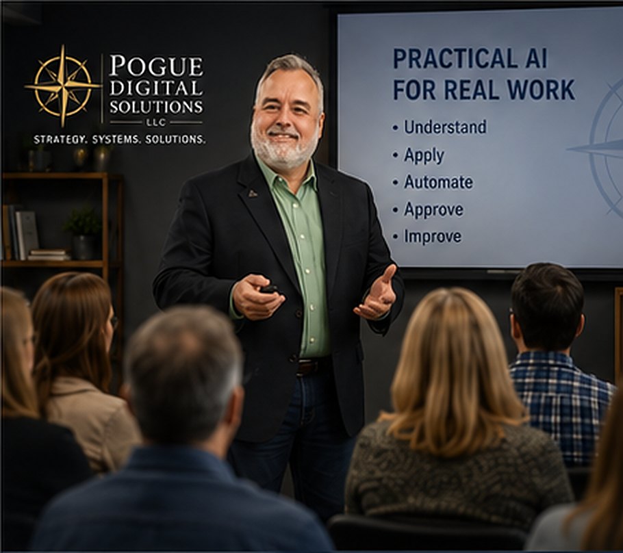 John M Pogue presenting a practical AI and digital strategy workshop to business owners and organizational teams